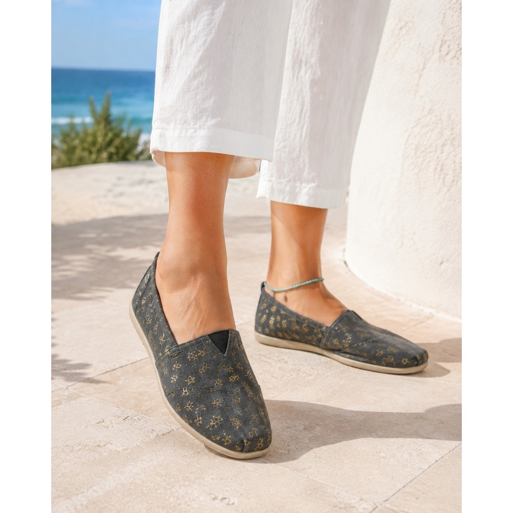 Boho Summer Aloha Island Grey Gold Star Heart Canvas Slip On Flats 10M Shoes